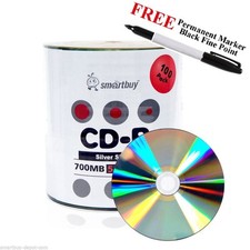 100 Smartbuy 52X CD-R 700MB 80M Shiny Silver Blank Disc Black Permanent Marker