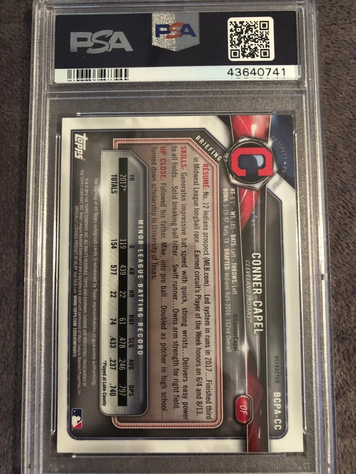2018 Bowman Chrome Conner Capel Indians Prospect Ref Auto PSA/DNA 9/10💎POP 1 - Image 2 of 2