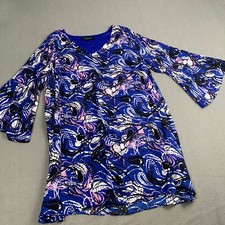 Lane Bryant Size 18 Plus Blue Multi V Neck Bell Sleeve Fun Design Swing Dress