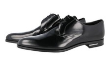 PRADA Polished Pointed Derby Dress Shoes Logo Heel Black - NEW -  US 9 EU 42