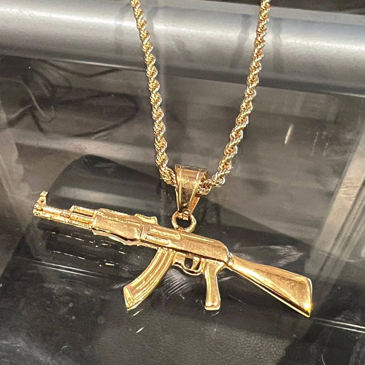 14K Gold Plated Rope Chain 24 3MM w/ Stainless Steel AK-47 Gun Rifle  Pendant