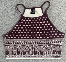 Empyre Womens Crop Top Burgundy Elephant Print Halter Tribal Boho Stretch Sz XS
