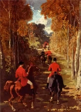 Oil painting Alfred Dedreux - the departure for hunting horsemen in landscape
