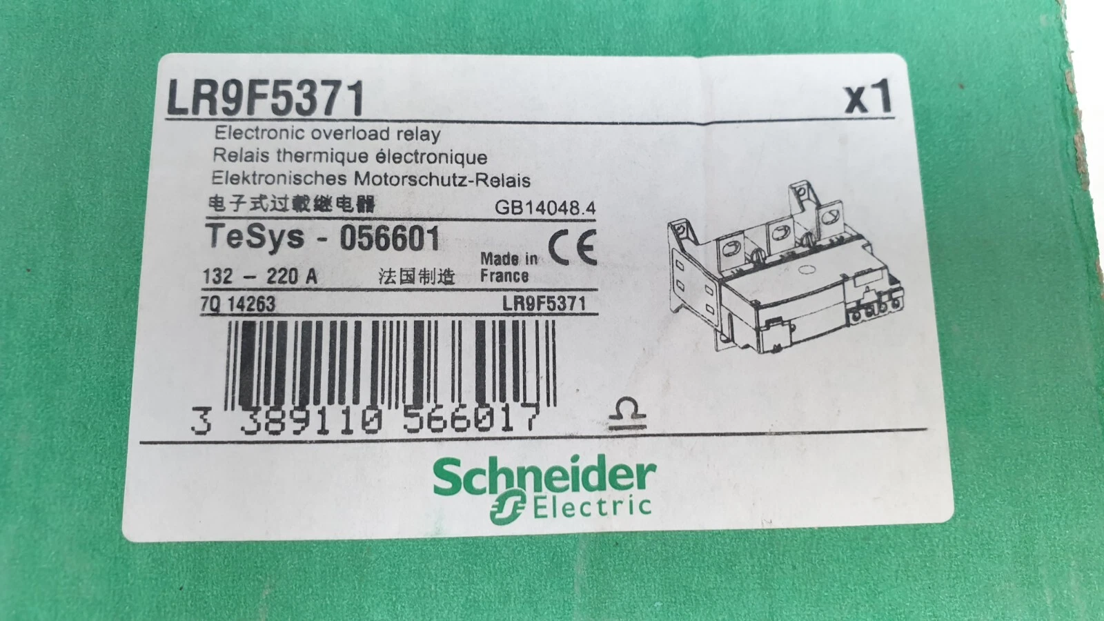 Box label: LR9F5371 electronic overload relay, TeSys 056601, 132-220 A, made in France