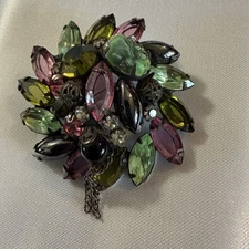 VTG Alice Caviness Rhinestone Brooch Pink Green Black Navette Art Glass Signed