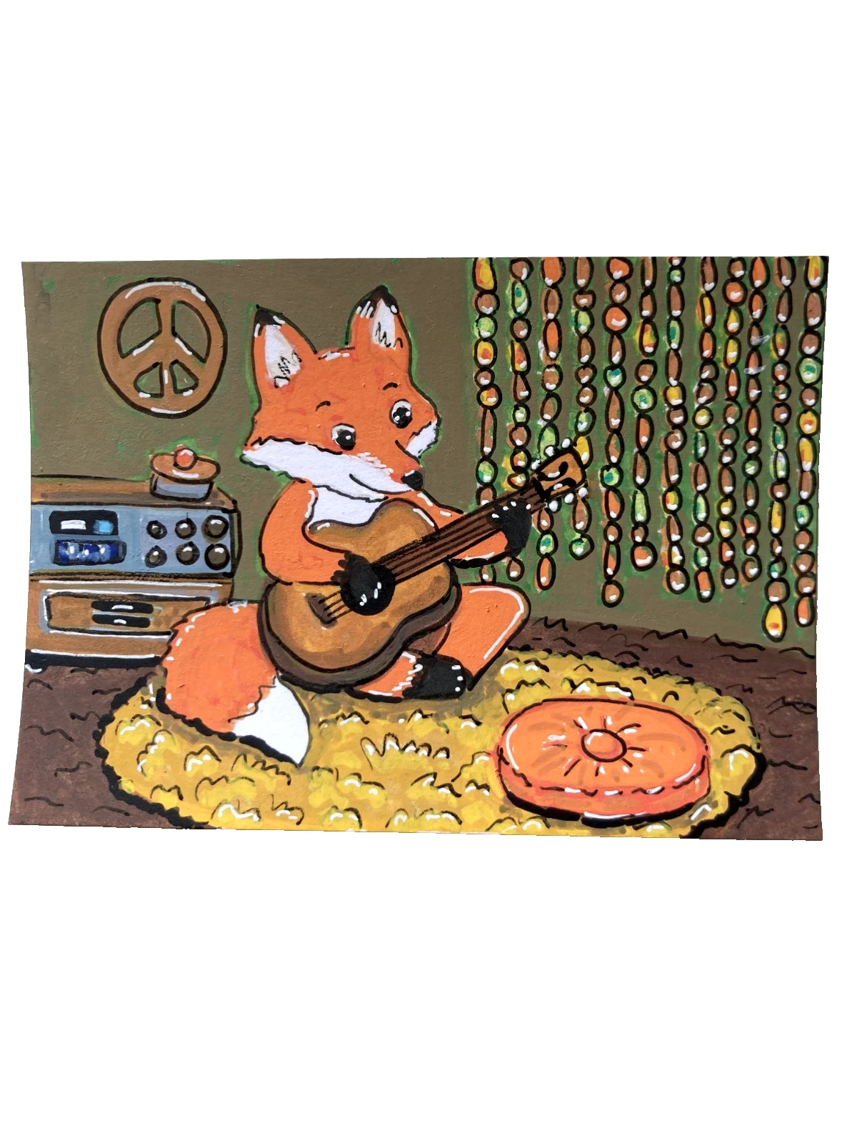 70s Fox Guitar ACEO Original Art Retro Hippie Music Lillian Connelly Peace Sign