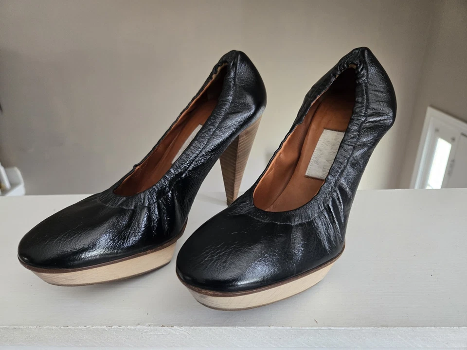 Zapatos de salón de ballet Lanvin negros tacones de aguja de madera talla FR 38 US 7 EUR 37 Vero Cuoio Foto 2 de 4
