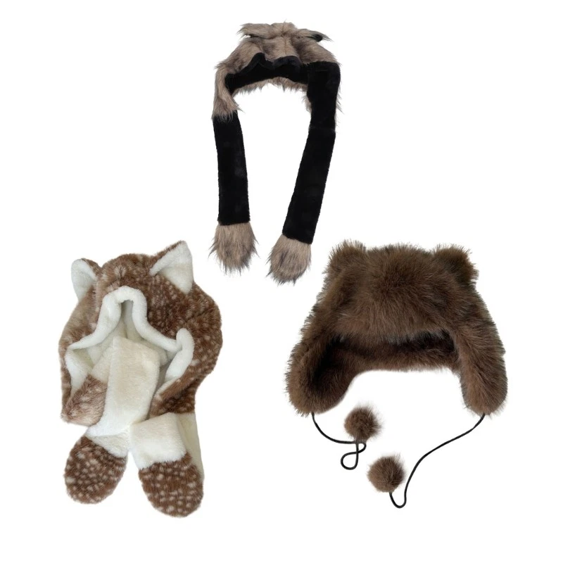 Adult Unisex Furry Hooded Scarf Hat with Cartoon Ear Men Women Winter Cloak Hat