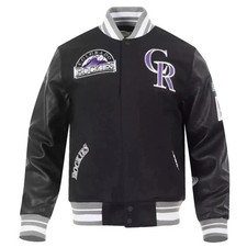 MLB Colorado Rockies Varsity Jacket Black Wool & Real Leather Bomber Style Coat