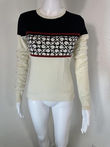 Guess M Mayla Color Block Cream Black Logo Knit Sweater Y2K Retro Preppy 