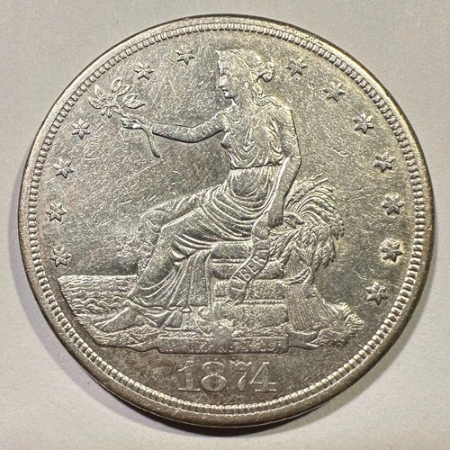 1874-S Trade Dollar Silver Sharp Details Type Coin Reverse Chopmarks Cleaned