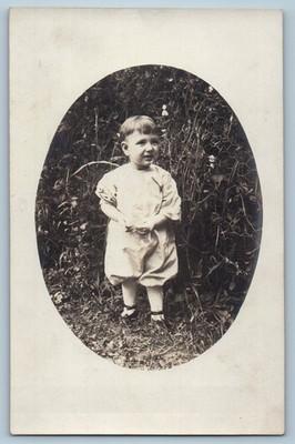 1908 Paul Hanks Cute Little Boy Smiling Scene Field RPPC Photo Antique Postcard