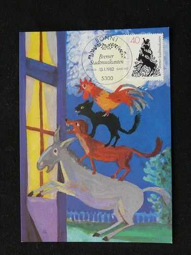 Grimm tales donkey cat dog rooster maximum card Germany ed. Maxiphil 1982
