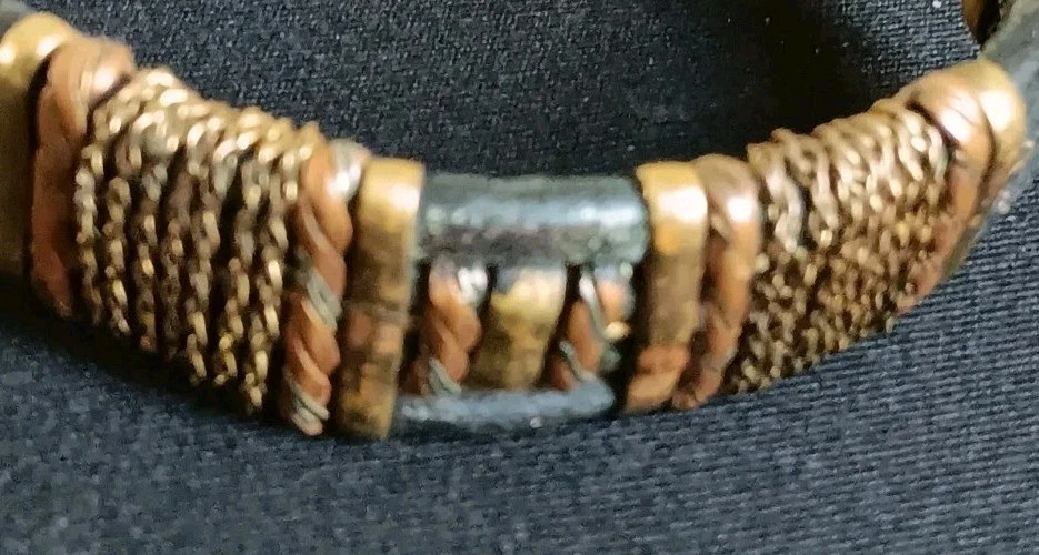 Dark Leather Hand Crafted Bracelet With Brass And Copper Accents - Image 2 of 4