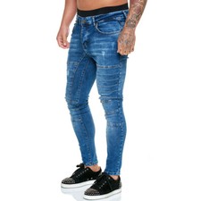 Mens Denim Skinny Washed Biker Jeans Pants Stretchy Low Waist Trousers Slim Chic
