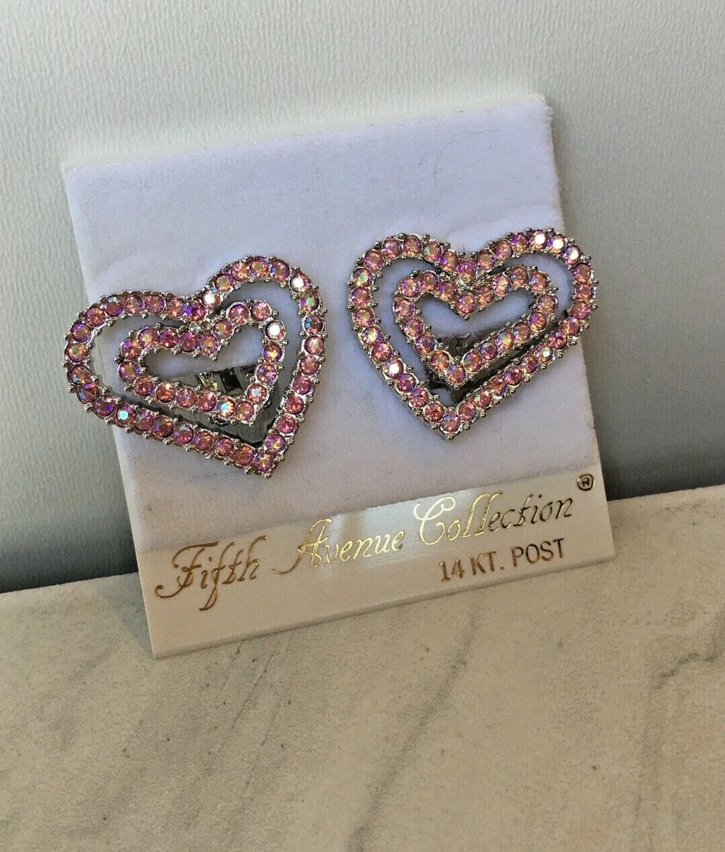 Vtg FIFTH AVENUE COLLECTIONS Heart Earrings Clip On Swarovski Pink Crystals