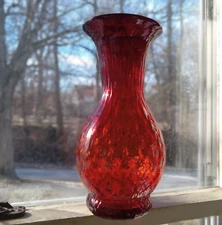 BLENKO RUBY RED AMBERINA DIAMOND PATTERN ART GLASS VASE HAND BLOWN PONTILED