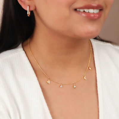 14K Gold Diamant Herz Starburst Mond Blitz Charm Halskette