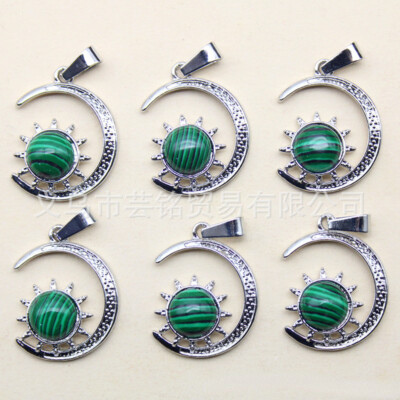 12pcs Artificial Malachite Stone Alloy Moon Sun Pendants Jewelry Making Necklace