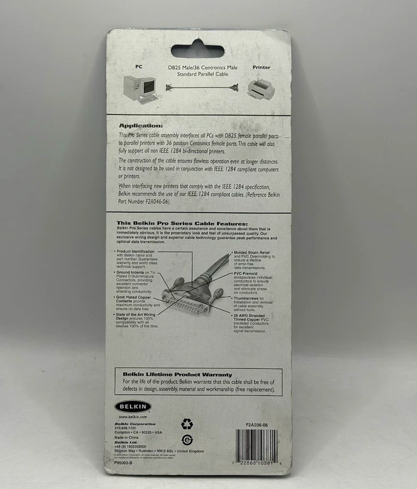Belkin Pro Series DB25 Male/Centronics 36 Male Parallel Printer Cable 6' NEW - Image 2 of 2