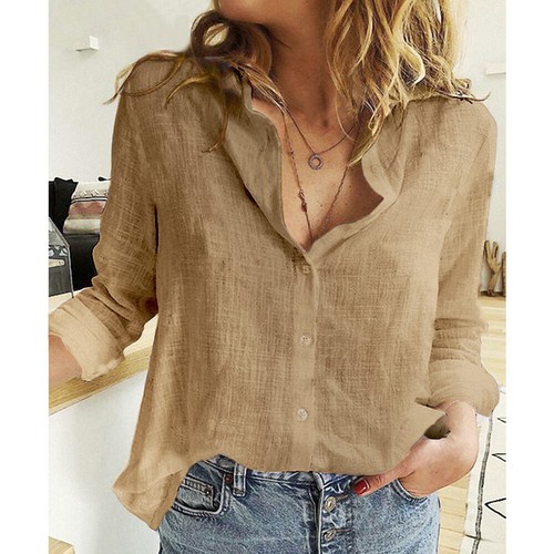 Womens Cotton Casual T-Shirt Linen Plain Blouse TopsLadies Baggy Long Sleeve - Picture 30 of 50