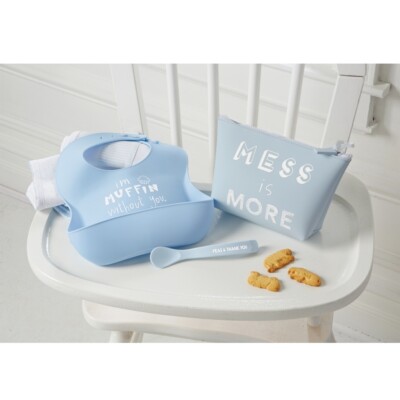 Mud Pie E1 Baby Kids Shoppe Blue Silicone Feeding Bib, Spoon & Pouch Set