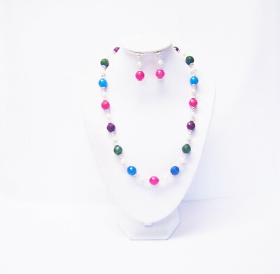 Small Round Faceted Multicolor Natural Stone w/White Freshwater Pearl Neck/Earri