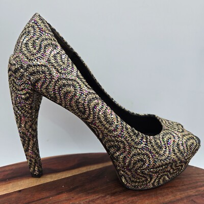 Vera Wang Platform Heels Women's Gold Black Glitter Peep Toe Pump  Stiletto