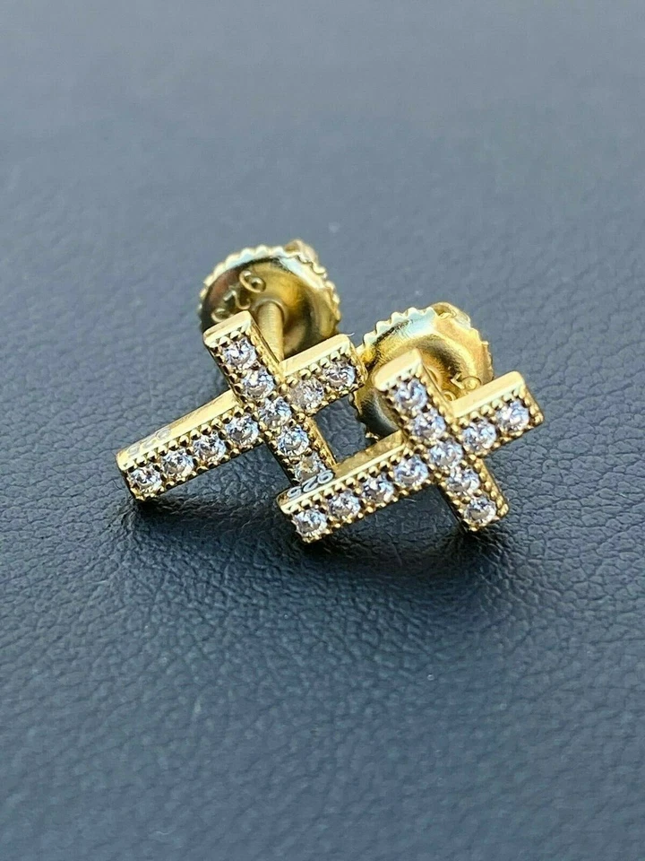 Real 925 Sterling Silver 14k Gold Plated Men Ladies Cross Earrings Studs Iced CZ - Image 2 of 4