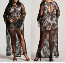 NWT Forever 21 Plus 3x Black Lace Dress Maxi Long Sheer Shorts lined Bell sleeve