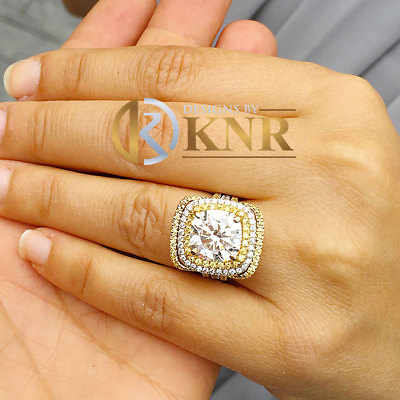 14k White Gold Cushion Cut Moissanite Engagement Ring And Two Bands Halo 7.10ctw
