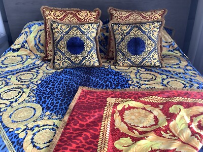 ATELIER VERSACE SET OF PILLOWS SZ 18”18” BLUE GOLD MADE FROM UPHOLSTERY  FABRIC