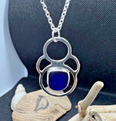 Silberkette Seeglas selten blau echt Seeglas Handarbeit mit Geschenkbox