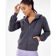 Fabletics Amara Hooded Fleece Lined Gray Full Zip Ruched Jacket Women M