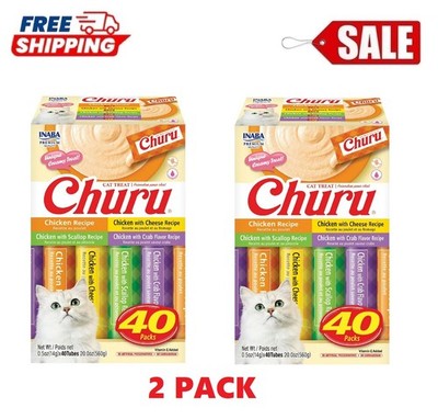(2 Pack)  Inaba Churu Creamy, Lickable Wet Cat Treats, 0.5 oz, 40 Tubes..