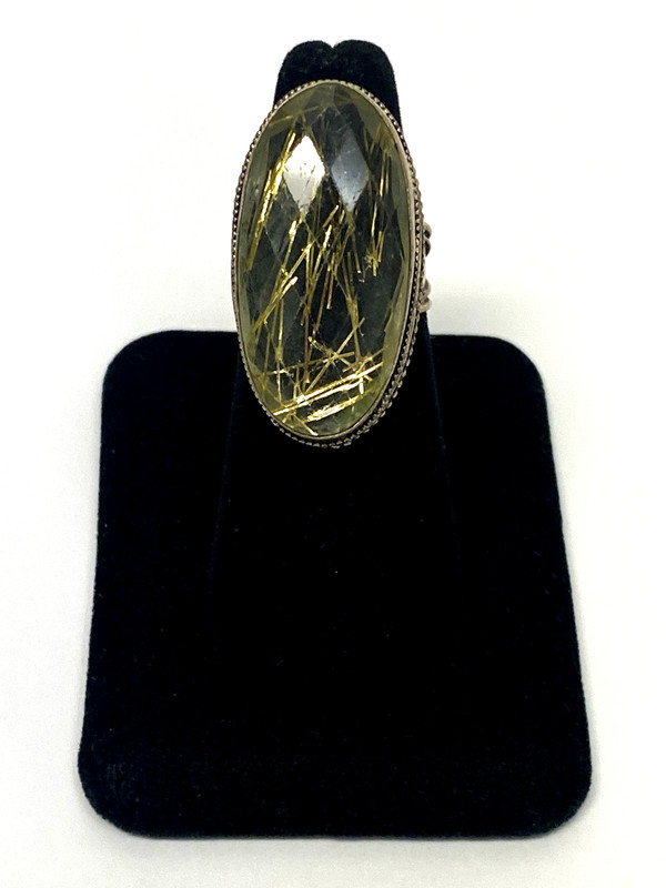Long Oval Golden Rutilated Quartz Sterling Silver Ring 17.3 Grams Size 7.25