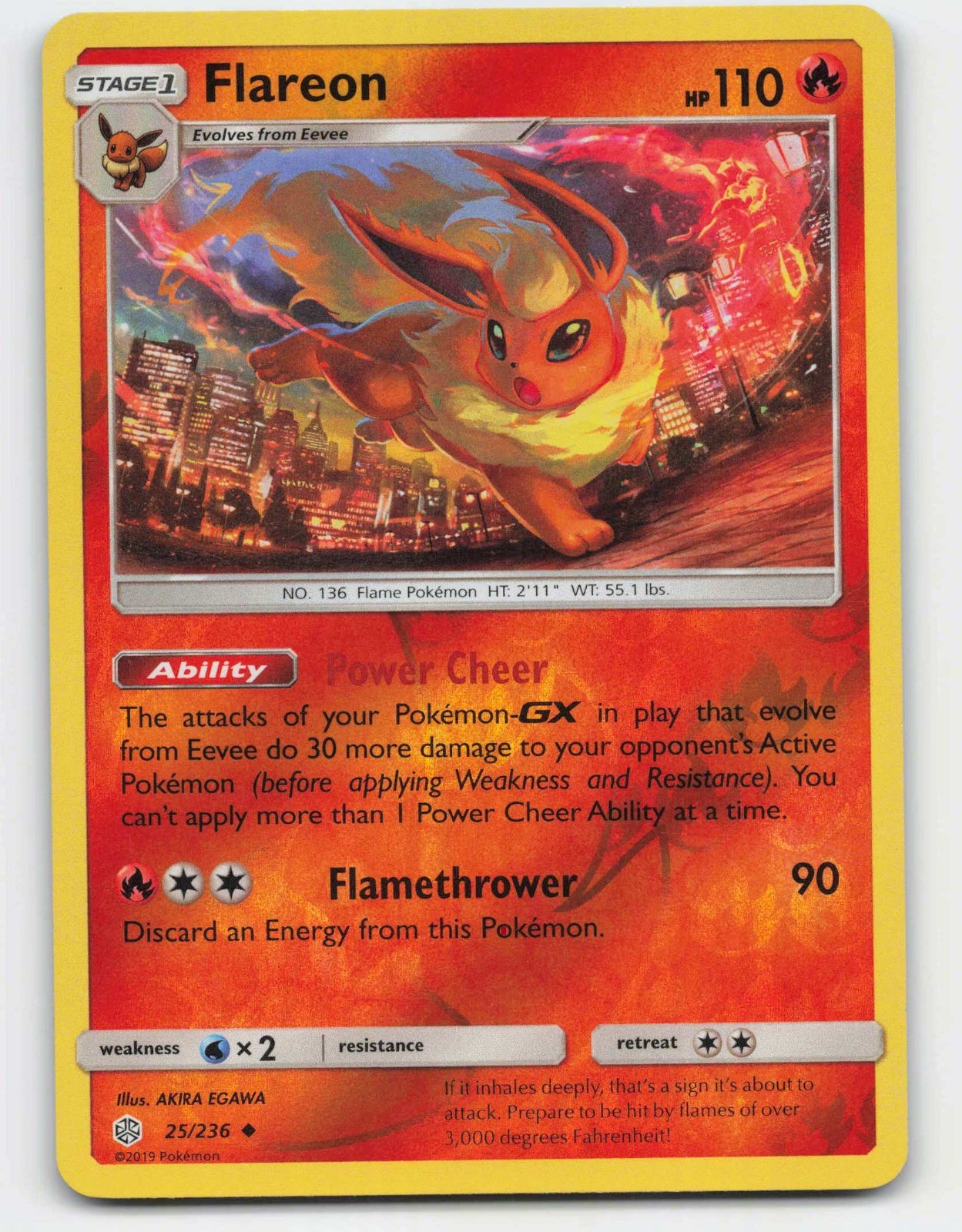 2019 Pokemon, Cosmic Eclipse, #25/236 Flareon, Reverse Holo Uncommon NM