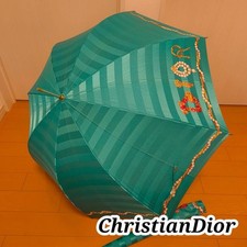 Christian Dior Turquoise Stripe Umbrella Long Rain Shield Authentic