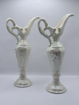 Vintage Ceramic Cornucopia Vases Pair Iridescent Pearl Finish Home Decor