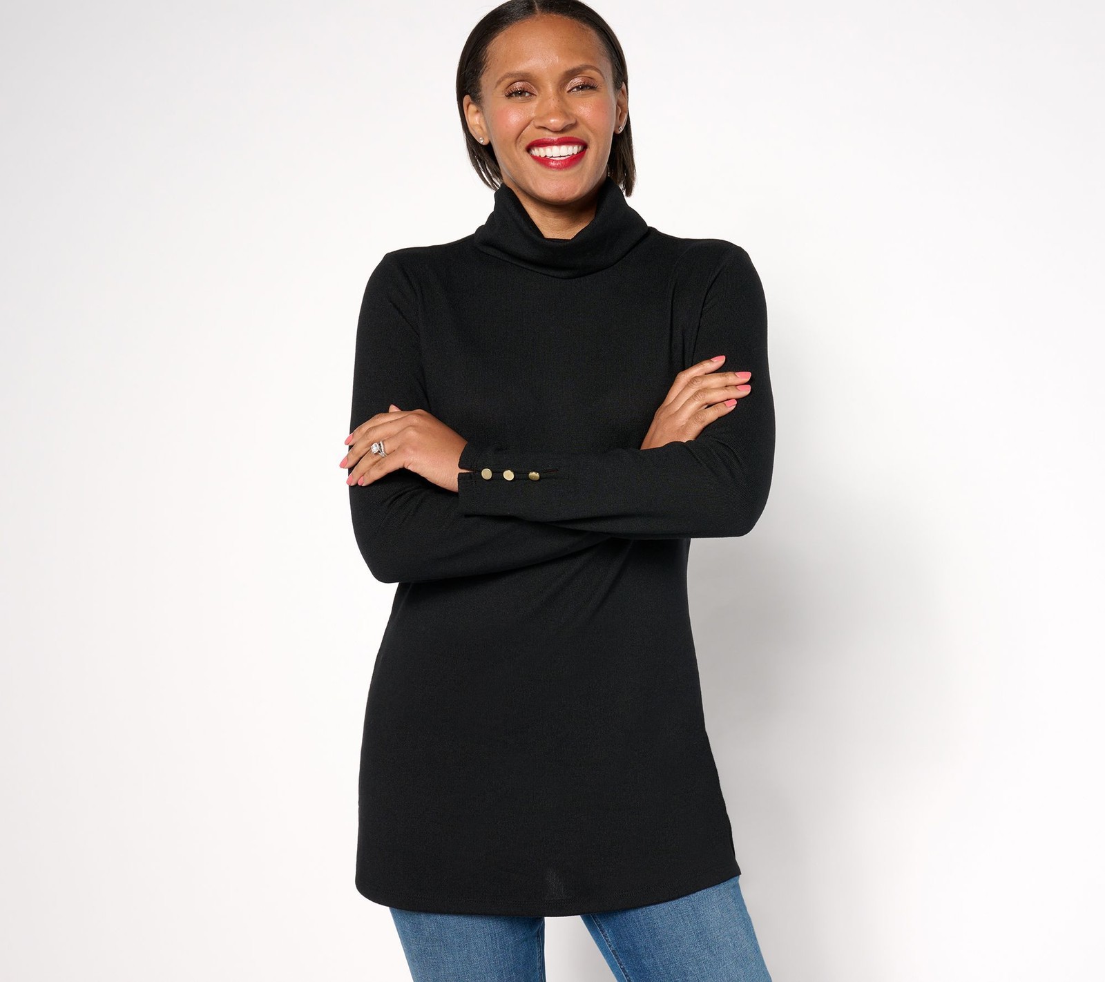 Denim & Co. Women's Top Petite 1XP Essentials Heavenly Jersey Tunic Black
