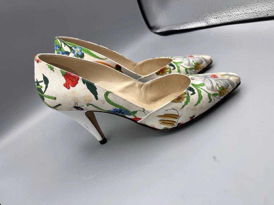 Vintage 80s Gucci Flora High Heel Pumps Floral Italian Leather Dress Shoes 37 - Image 3 of 4