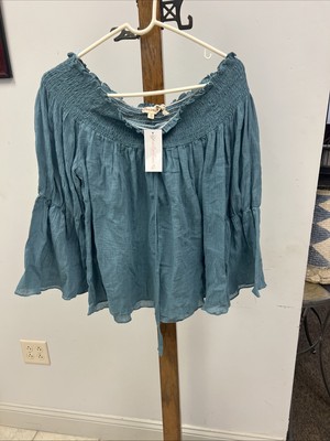 Hem & Thread Women's Large Off Shoulder Blue 3/4 Sleeve Top NWT