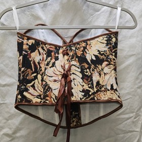 Brown Brocade Floral Tapestry Boned Corset Cincher Bustier Top Size Small