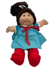 Cabbage Patch Kids girl blue dress red leggingsVTG 1986 Brown haired/eyed Doll