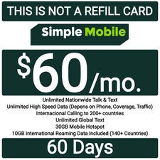 Simple Mobile Prepaid 60 Plan For 60 DAYS Unlt'd Talk/Text/high-speed Data/50GB