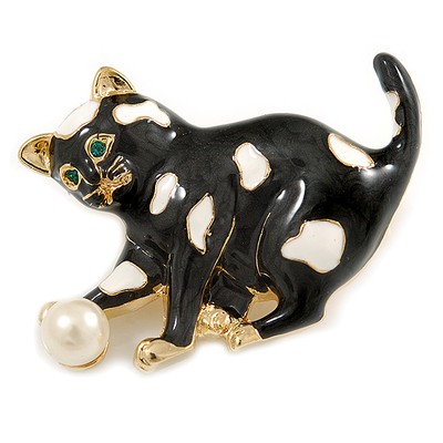 Schwarze Emaille Katze & Ball Brosche