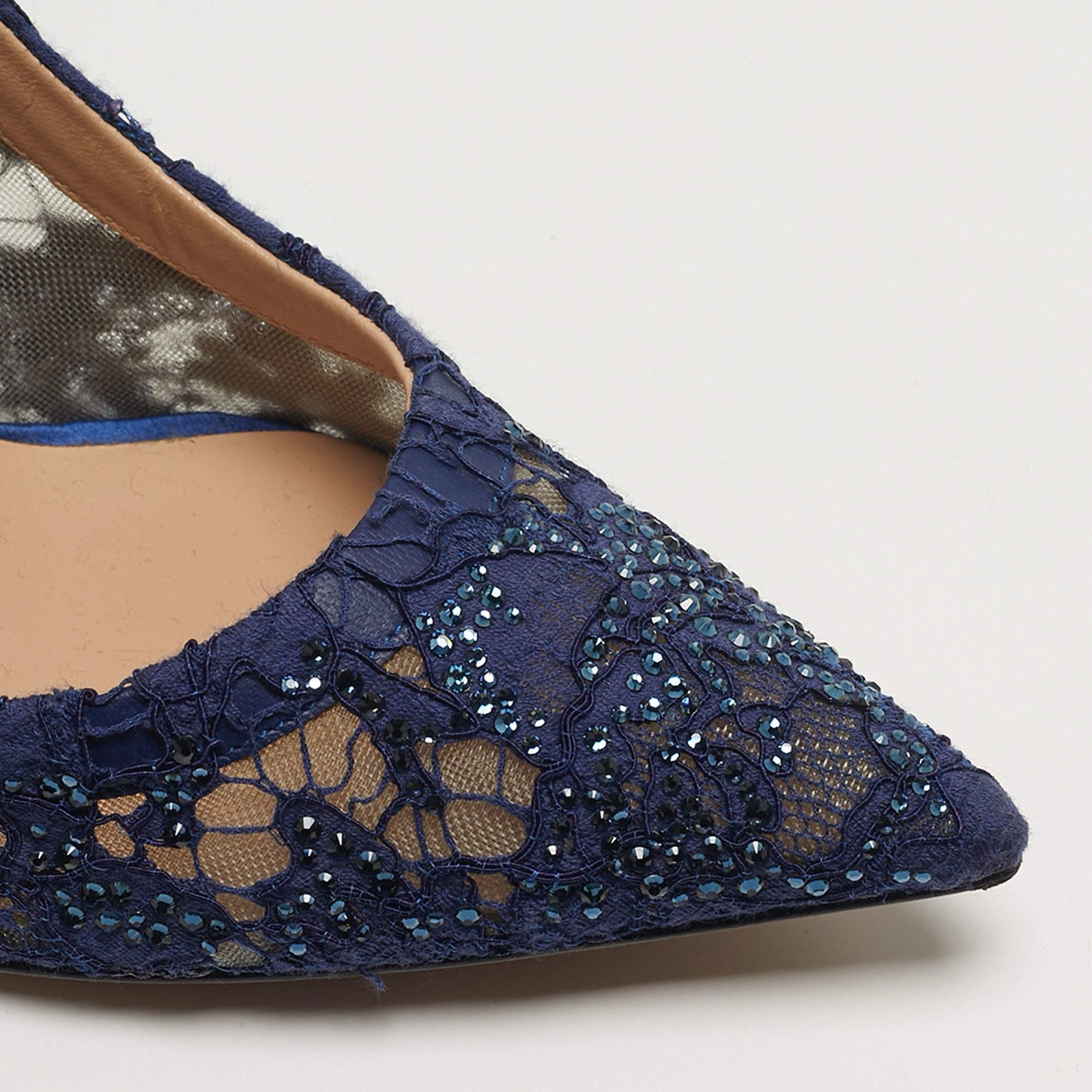 Valentino Size 38 Navy Blue Lace Crystal Embellished Pointed Toe Pumps thumbnail 7