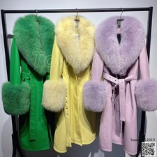 Women 100 Real Sheep Leather Coat Real Fox Fur Collar Belted Trench Jacket Warm