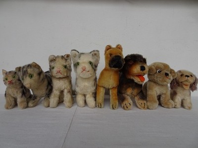 8 Stück, Vintage, Steiff, Mohair Hunde & Katzen (inkl. 2 US ZONE) 4 Silberschrift Knopf