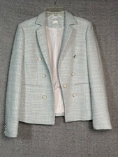 Ecru Tweed Double Breasted Jacket Women's Size 8 Soft Blue Gold Buttons NWT